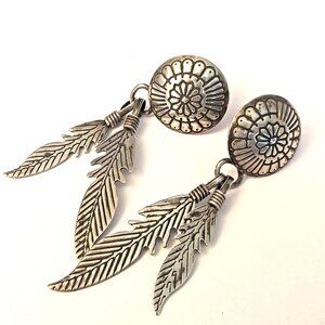 Native American 925 Concho Feather earrings Signed TK (1586)